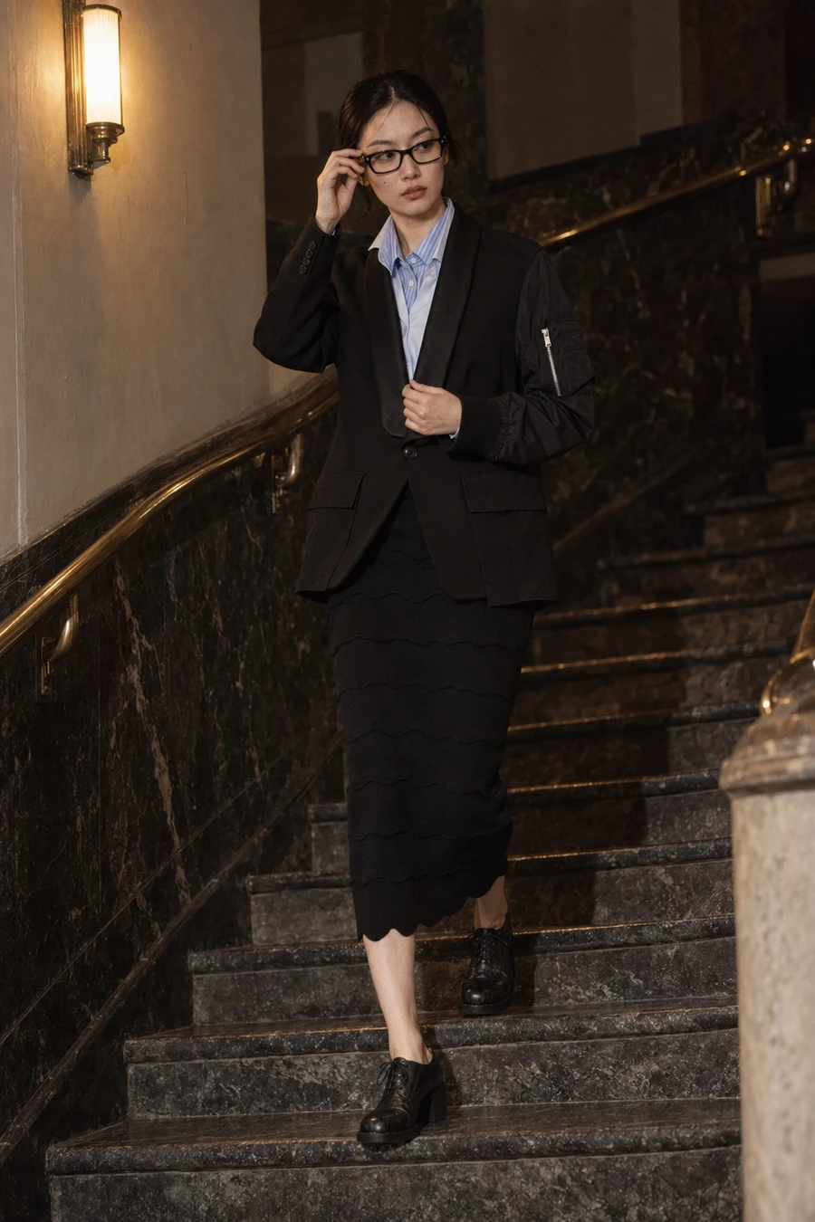 A Korean woman in slim Chrome Hearts glasses, an Undercover shawl lapel jacket, a pale blue Litkovska shirt and a black Patou pencil skirt walks down a marble hotel stair.