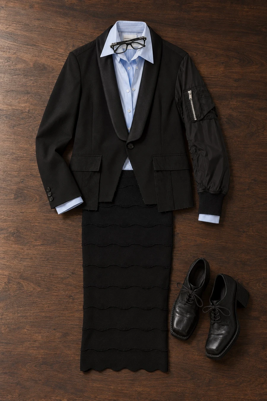 Office siren for after work drinks. Flat lay of a black Undercover jacket, a pale blue Litkovska shirt, a black Patou skirt and black Guidi derbies.
