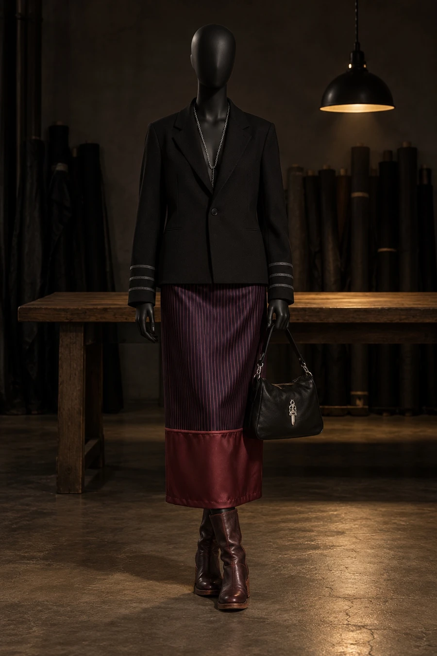 A black display mannequin in a black Coperni jacket and a Sies Marjan pinstripe pencil skirt, with oxblood Guidi boots and a Chrome Hearts bag, in a dark workroom.