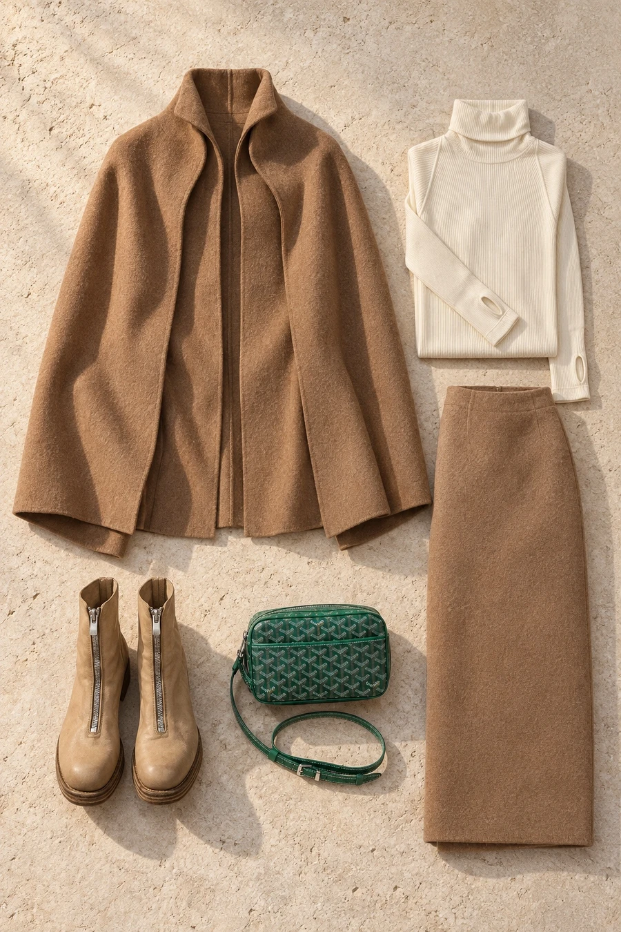 Old Amman at golden hour. Flat lay of a camel RUOHAN jacket, an ivory Helmut Lang turtleneck, a camel skirt and beige Guidi boots.