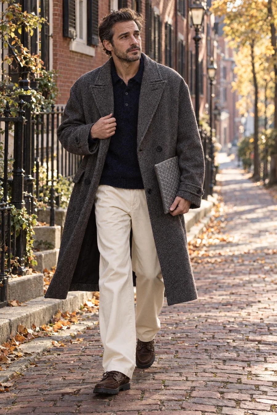An Italian man in a COOR herringbone coat, a navy mohair polo and cream pleated chinos walks up a brick street in Boston, a Goyard pouch under his arm.