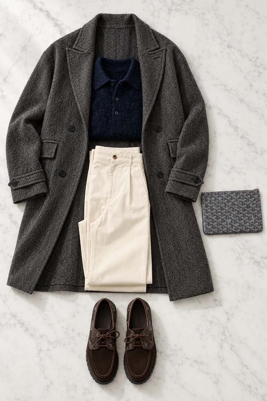 Old money for a Monday at the office. Flat lay of a brown COOR coat, a navy Sunflower polo, off white Les Deux chinos and brown boat shoes.