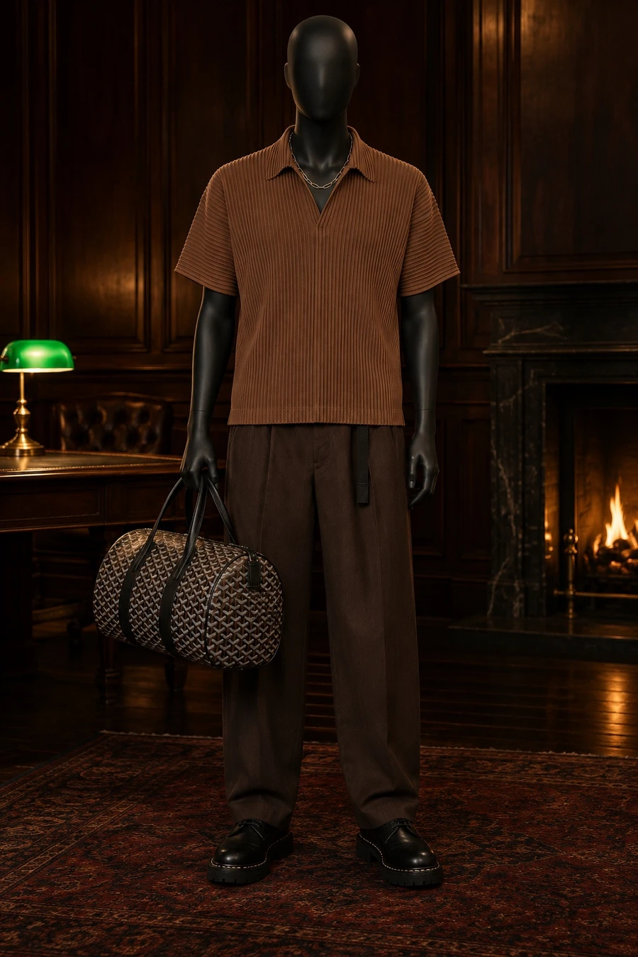 A faceless black mannequin wears a cognac Homme Plissé polo, chocolate UJOH trousers, Guidi derbies and a Tom Wood gold chain, with a Goyard bag, in a dark study.