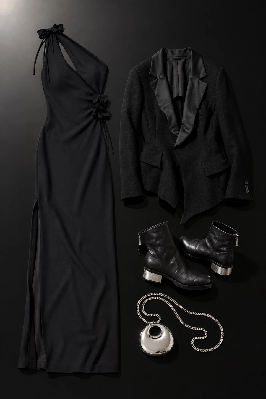 Opera night. Flat lay of a black Coperni gown, a black Undercover jacket, black Guidi boots and a silver Tom Wood bag.