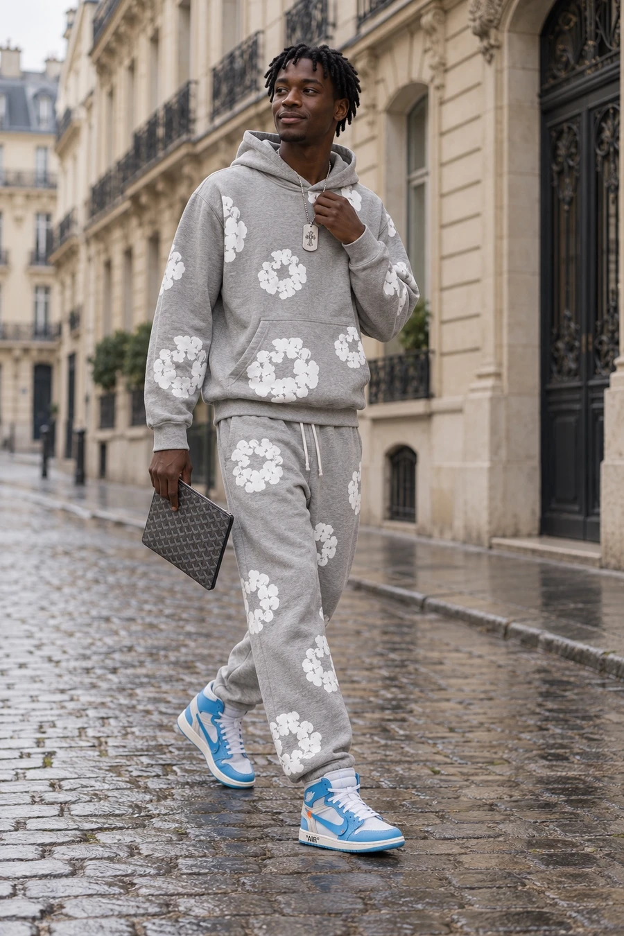 A young Haitian French man in a grey Denim Tears cotton wreath hoodie and sweatpants, University Blue Off-White Jordan 1s and a Chrome Hearts dog tag crosses a Paris street holding a grey Goyard pouch.