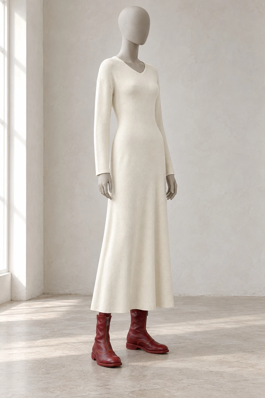 A faceless display mannequin in a London showroom. An ivory RUOHAN knit dress falls over deep red Guidi boots.