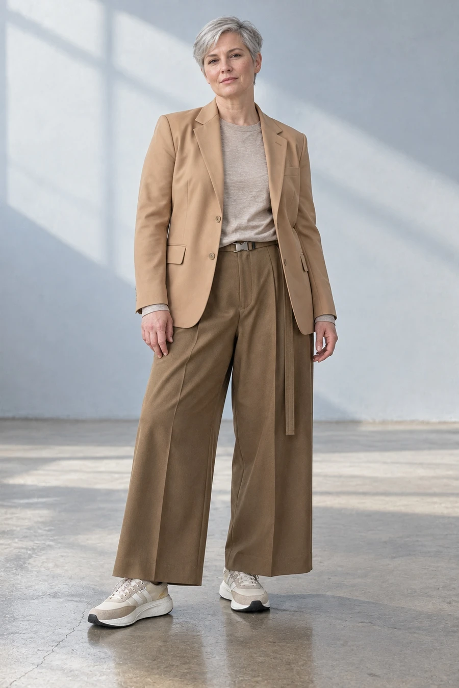 An adult woman wears peach tailoring and greige by a toronto rooflight in Toronto.