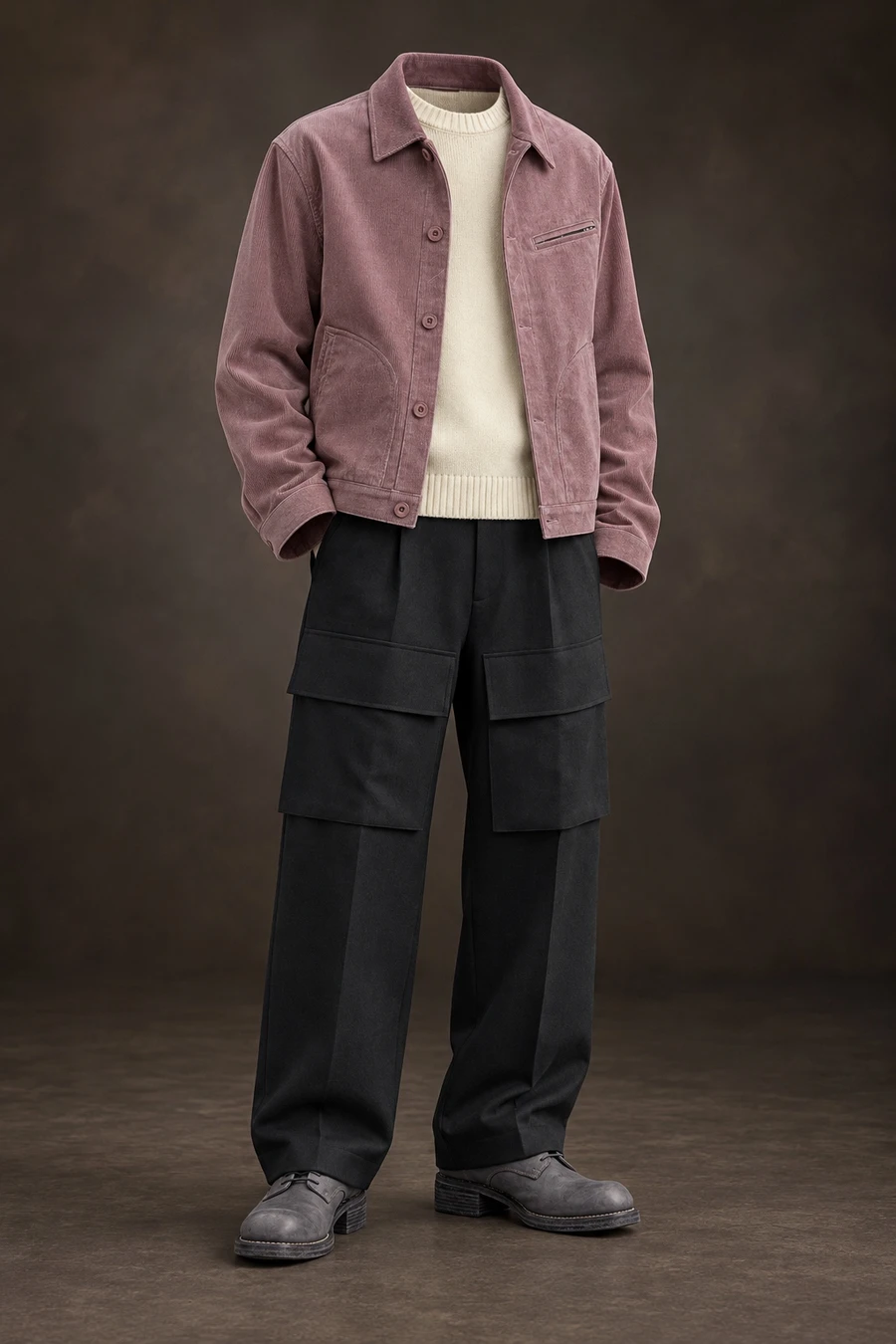 A dusty pink COOR cord jacket frames an ivory knit above black UJOH work trousers and grey Guidi derbies. The complete outfit stands against a dark studio background.