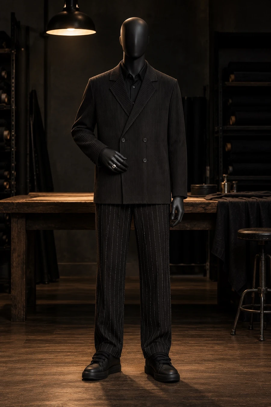 A faceless black mannequin wears a pleated Issey Miyake blazer, a black Y-3 shirt, Sulvam pinstripe trousers, Rick Owens sneakers and a Tom Wood ring in a tailor's workroom.