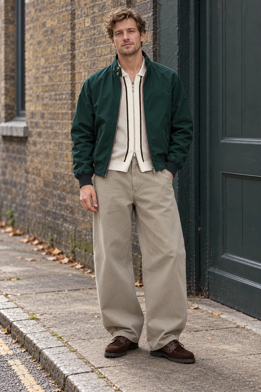 An adult man wears a racing green jacket, ivory zip knitwear and curved beige trousers with brown boat shoes in London.