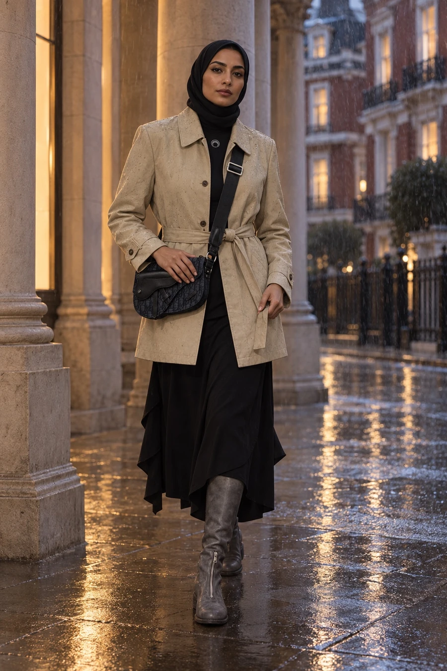 A Saudi woman in a black hijab wears a beige MM6 Margiela trench, a long black Undercover skirt, grey Guidi knee boots and a black Dior Saddle in the rain in Knightsbridge.