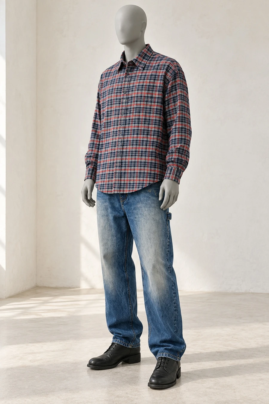 A faceless display mannequin in a Tokyo showroom. A red COOR checked shirt meets faded carpenter jeans and black Guidi boots.