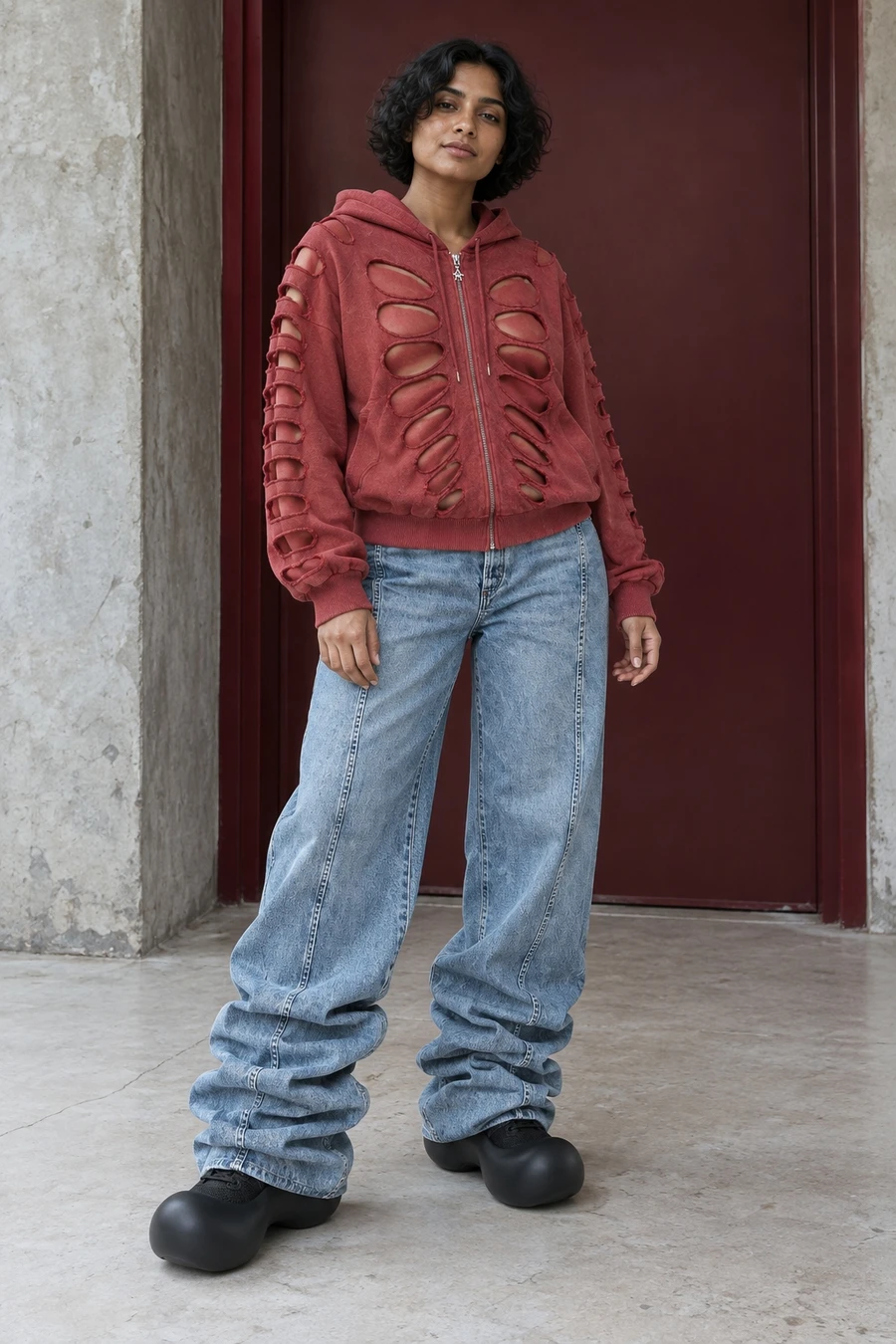 An adult woman wears red cutouts and folded denim at a noho studio in New York.