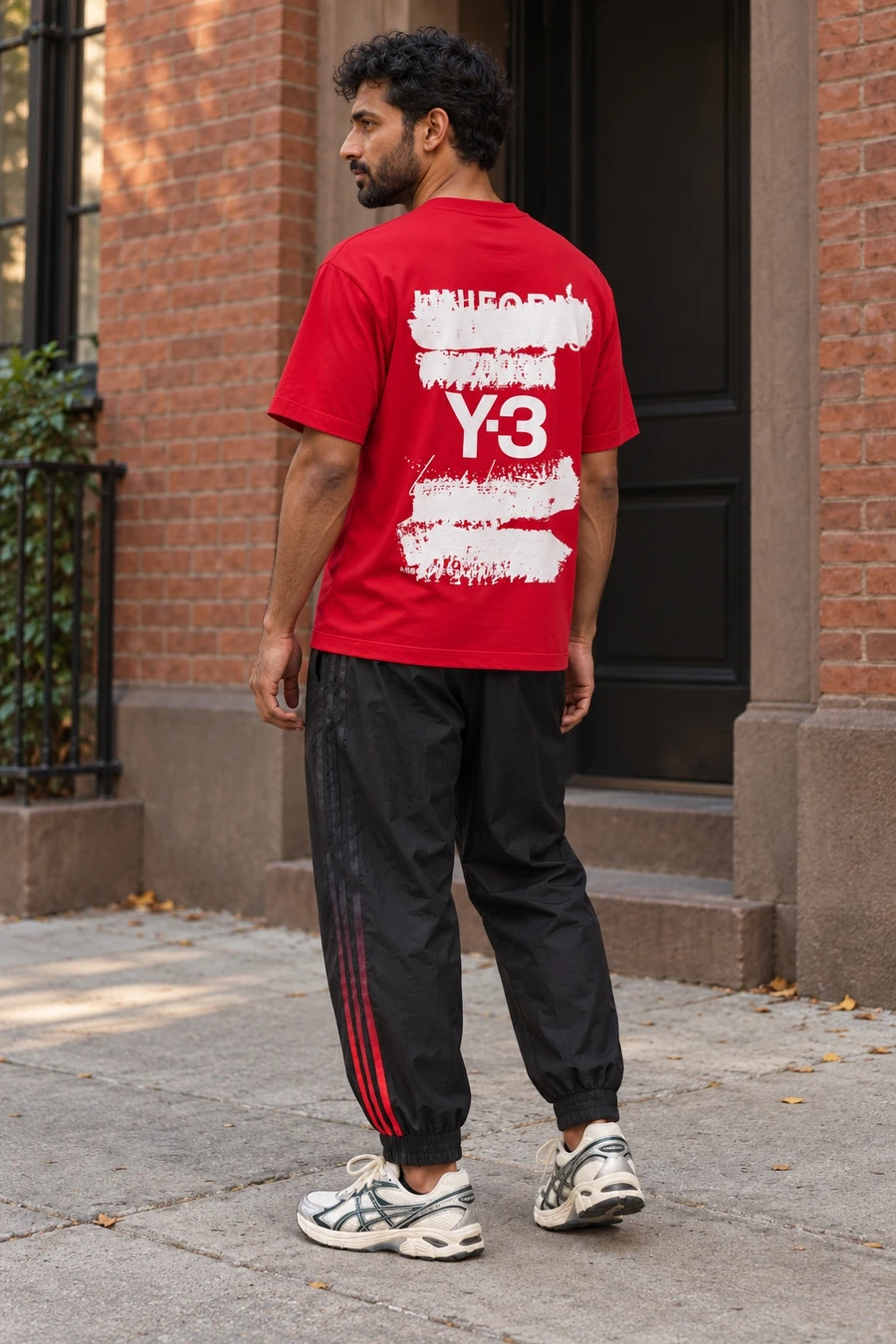 An adult man wears a red tee with a white back print, black track trousers and cream running shoes in New York.