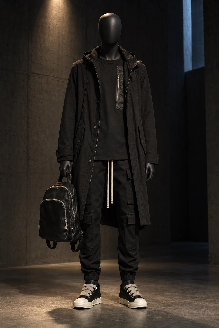 A faceless black mannequin wears a Masnada parka, a Rick Owens T-shirt, Megacargo trousers and jumbo lace sneakers and holds a Guidi backpack in a concrete hall.
