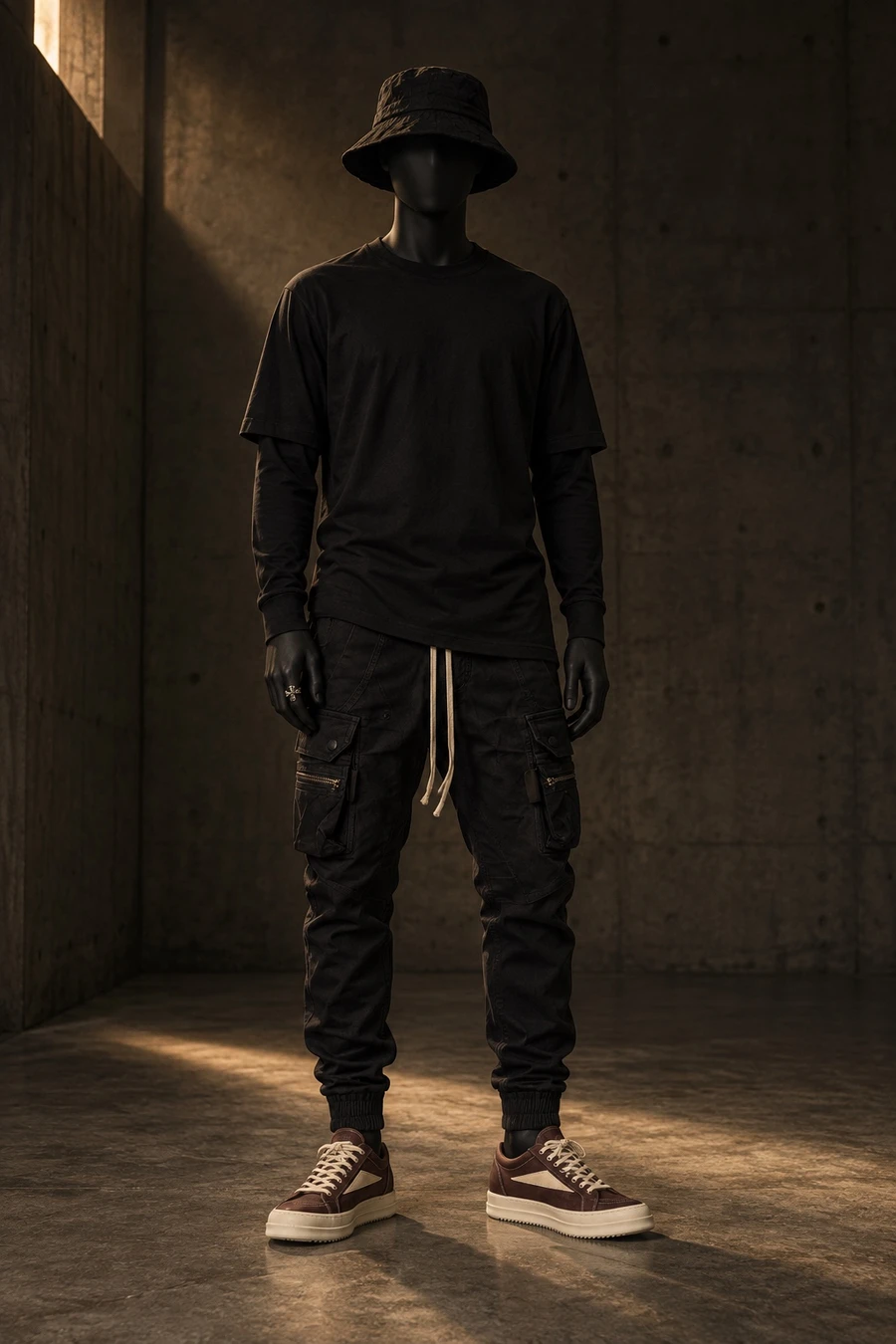 A faceless black mannequin wears a Rick Owens long sleeve, Mastodon cargo pants and oxblood Concordians, with a Masnada hat and a Chrome Hearts ring, in a concrete gallery.