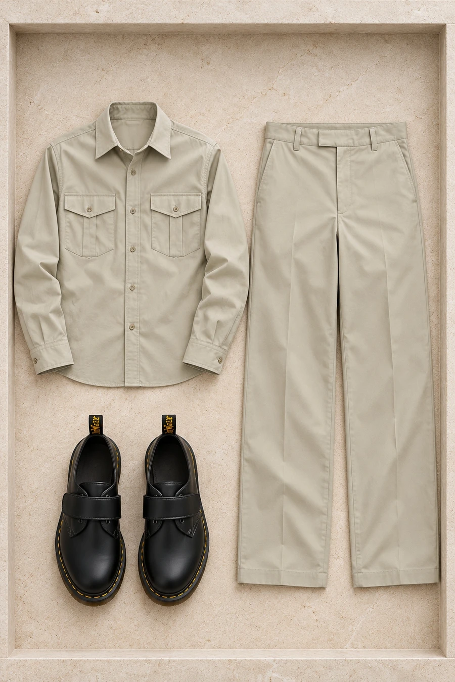A sage A.P.C. shirt and trousers with black Dr. Martens shoes with straps.