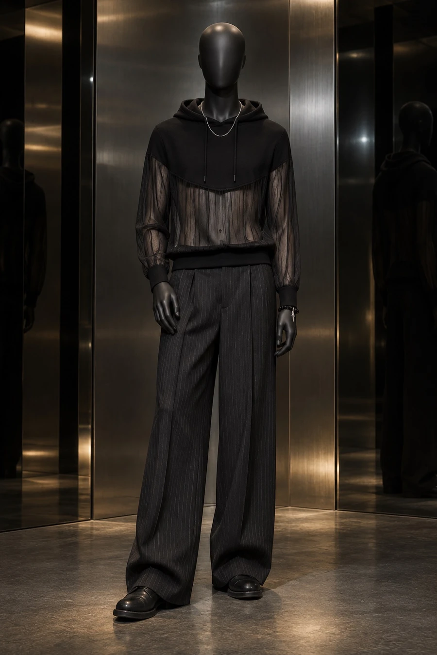 A black display mannequin in a sheer Nina Ricci chiffon hoodie, MM6 pinstripe trousers and Guidi derbies, with a Chrome Hearts chain, in a room of smoked mirror.