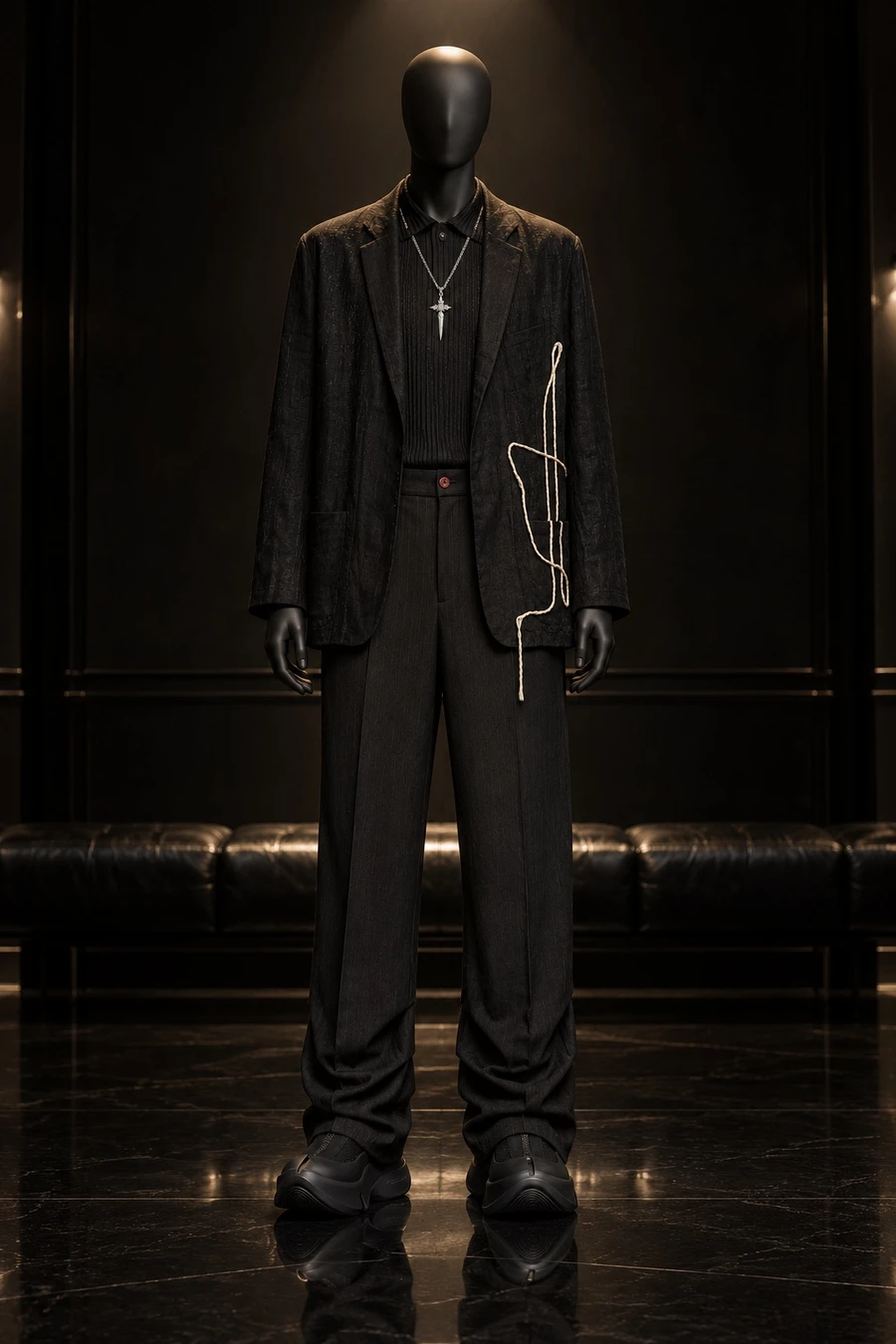 A faceless black mannequin wears a sheer Giovanni Cavagna jacket over a pleated Issey Miyake top, Avavav trousers, Grounds x Undercover sneakers and a dagger necklace in a lacquered salon.