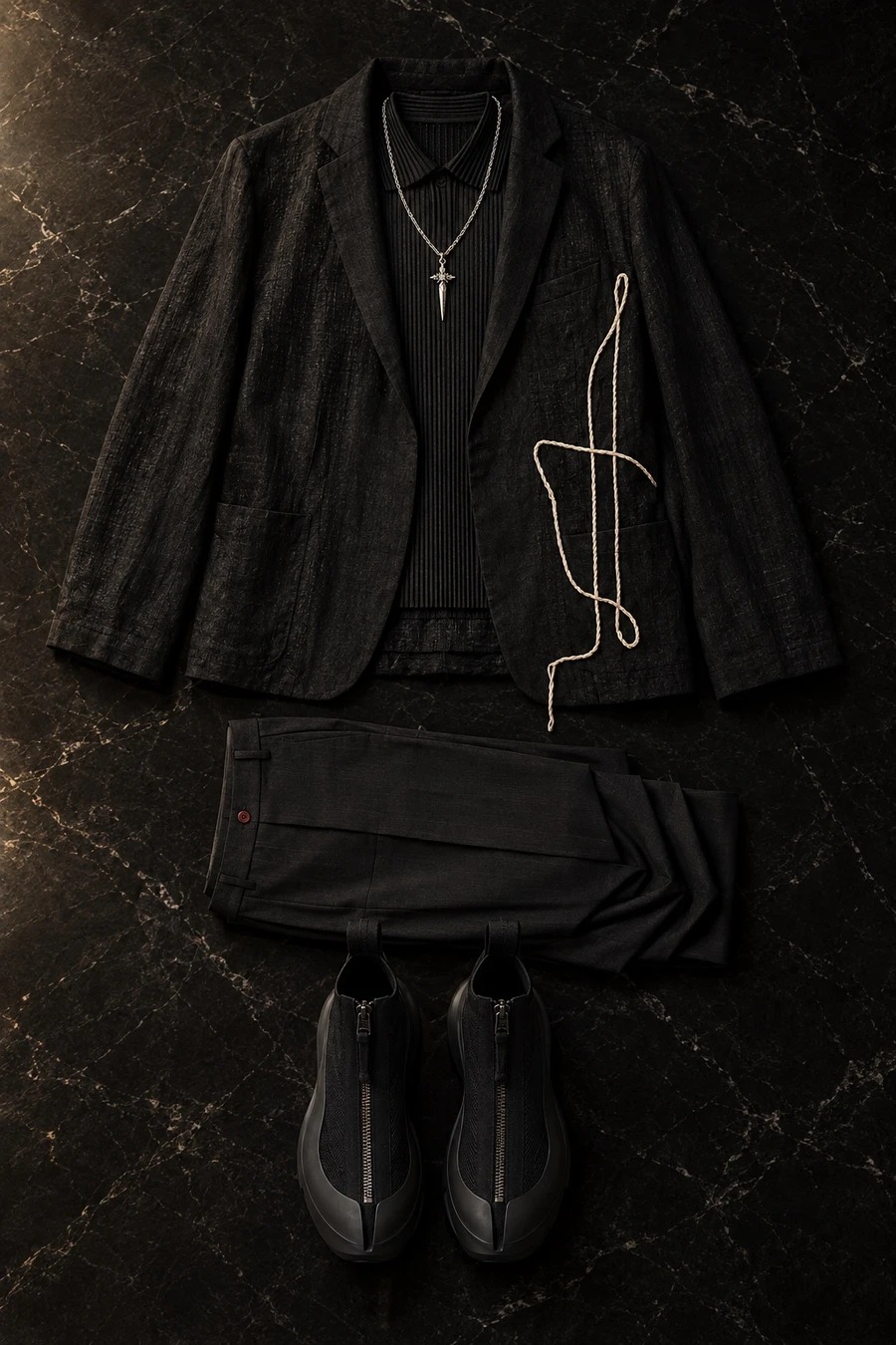 Sheer black linen for a wedding after party. Flat lay of a black Giovanni Cavagna jacket, a black Issey Miyake polo and black Avavav trousers.