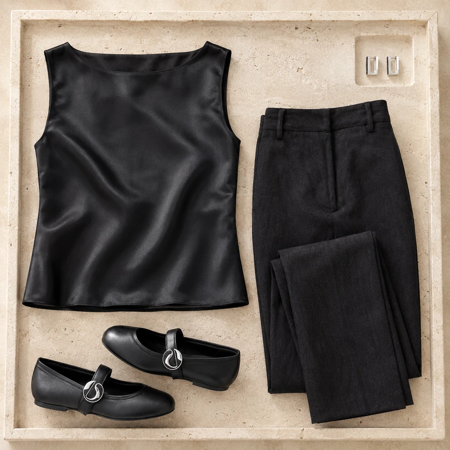 Silk after hours. Flat lay of a black Nina Ricci blouse, black MM6 trousers, black Coperni flats and Tom Wood hoop earrings.