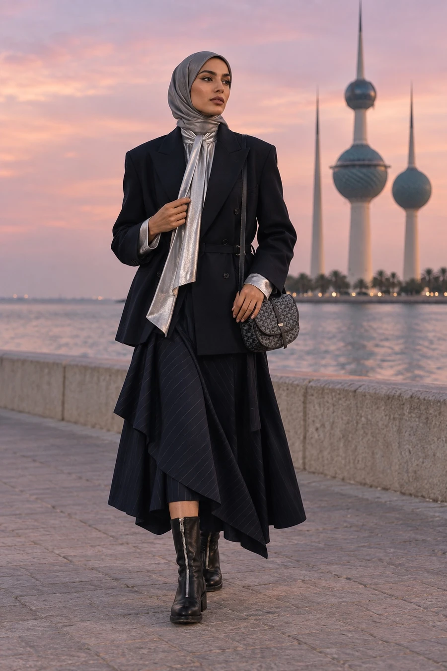 A Kuwaiti woman in a grey hijab wears a belted black UJOH jacket, a silver bow shirt, a navy pinstripe maxi skirt, black Guidi boots and a grey Goyard by the Kuwait Towers at dusk.