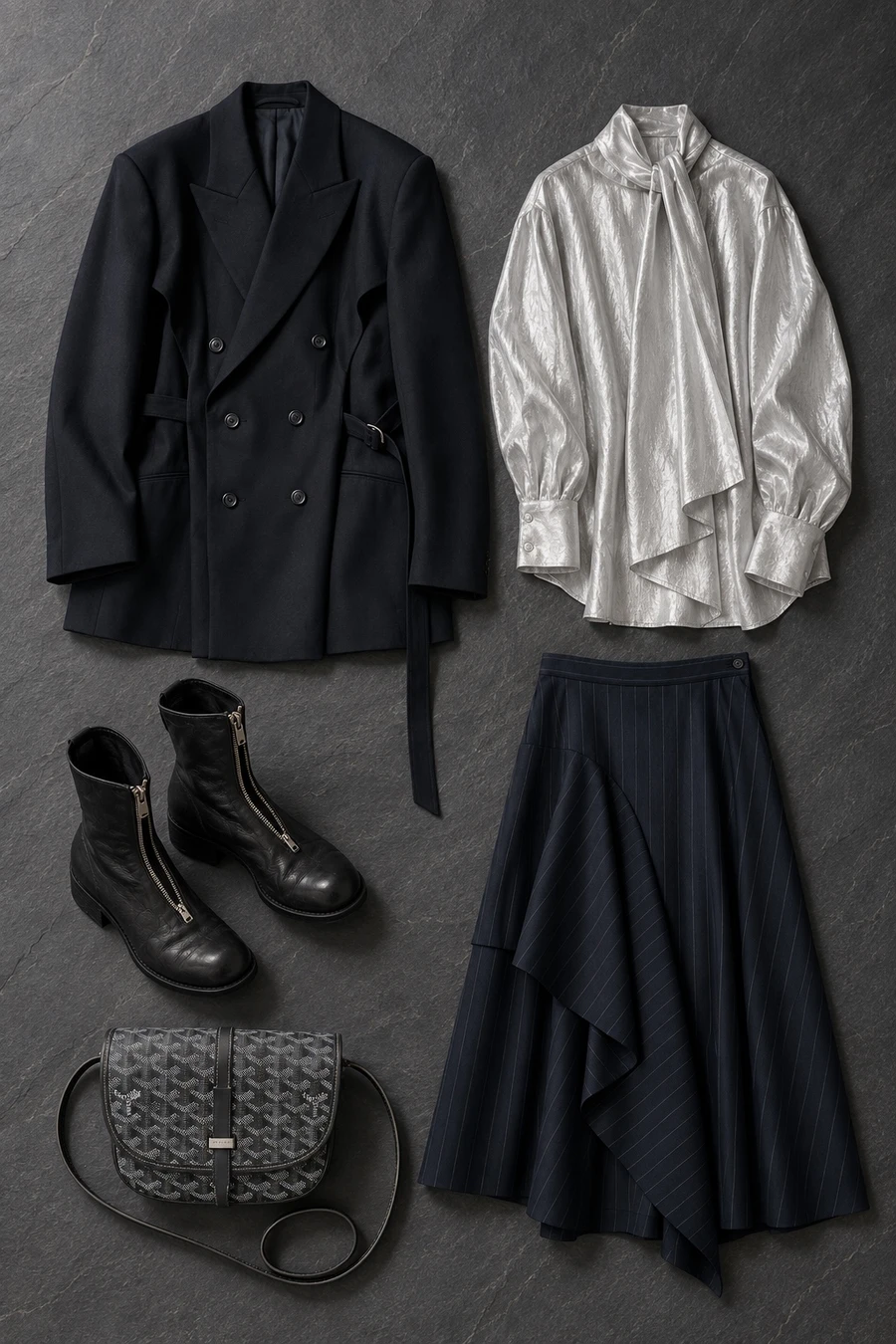 Silver at the Kuwait Towers. Flat lay of a black UJOH jacket, a silver UJOH shirt, a navy UJOH skirt, black Guidi boots and a grey Goyard bag.