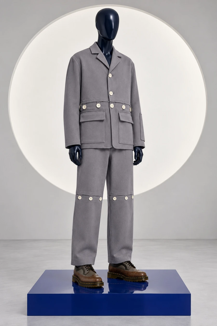 Grey PRONOUNCE jacket and trousers with cream buttons and brown brogues on a dark sculptural mannequin above a cobalt pedestal.