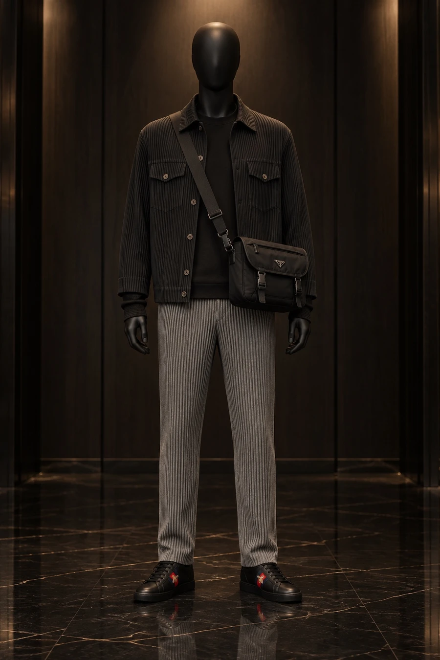A faceless black mannequin wears a Homme Plissé pleated jacket, a Helmut Lang top, grey pleated trousers, Gucci Ace sneakers and a Prada bag in a lobby.