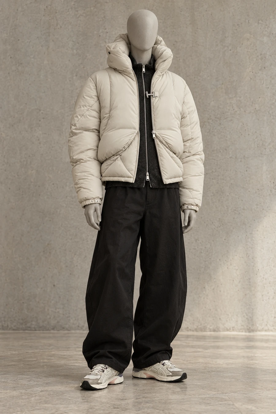 A faceless grey mannequin wears a stone puffer, charcoal zip knitwear and black wide trousers with cream running shoes.