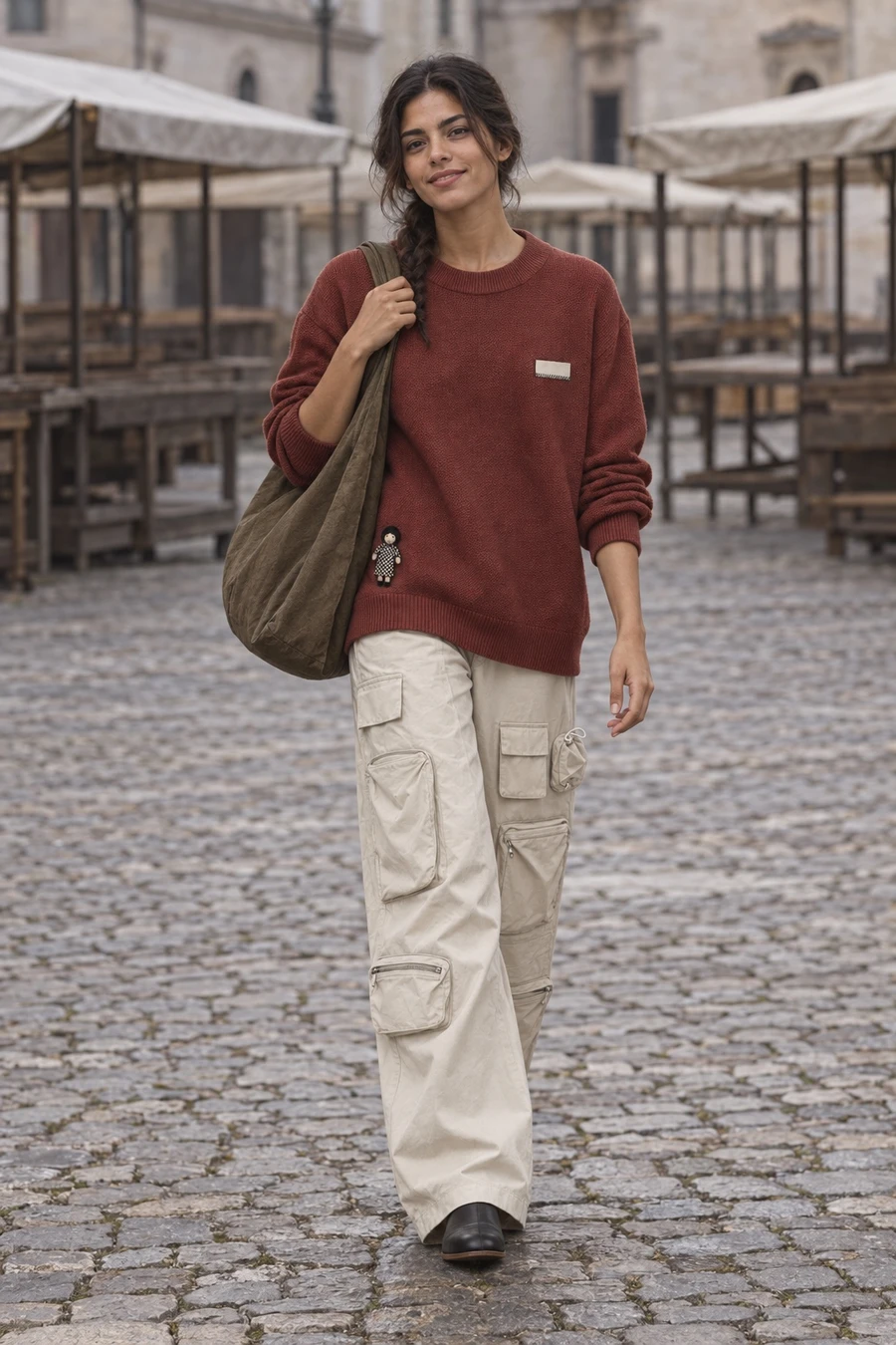 A Mexican woman in a rust Song for the Mute knit, off white MM6 utility trousers and black Guidi slip ons carries an olive RUOHAN bag across a market square.