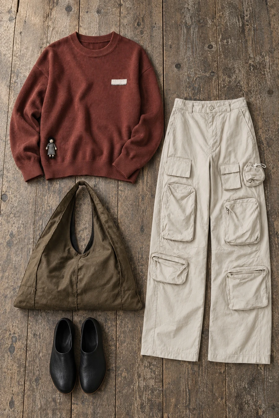 Sunday market. Flat lay of a rust Song for the Mute sweater, off white MM6 trousers and an olive RUOHAN bag.