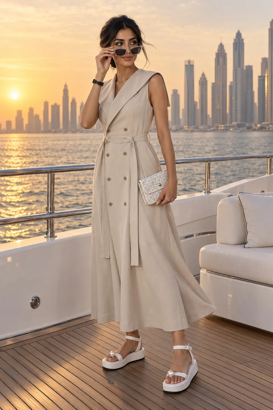 An Emirati woman in a sand UJOH sailor collar dress lowers clear Chrome Hearts sunglasses on a yacht deck off Dubai Marina at sunset, a white Goyard pouch in her hand.