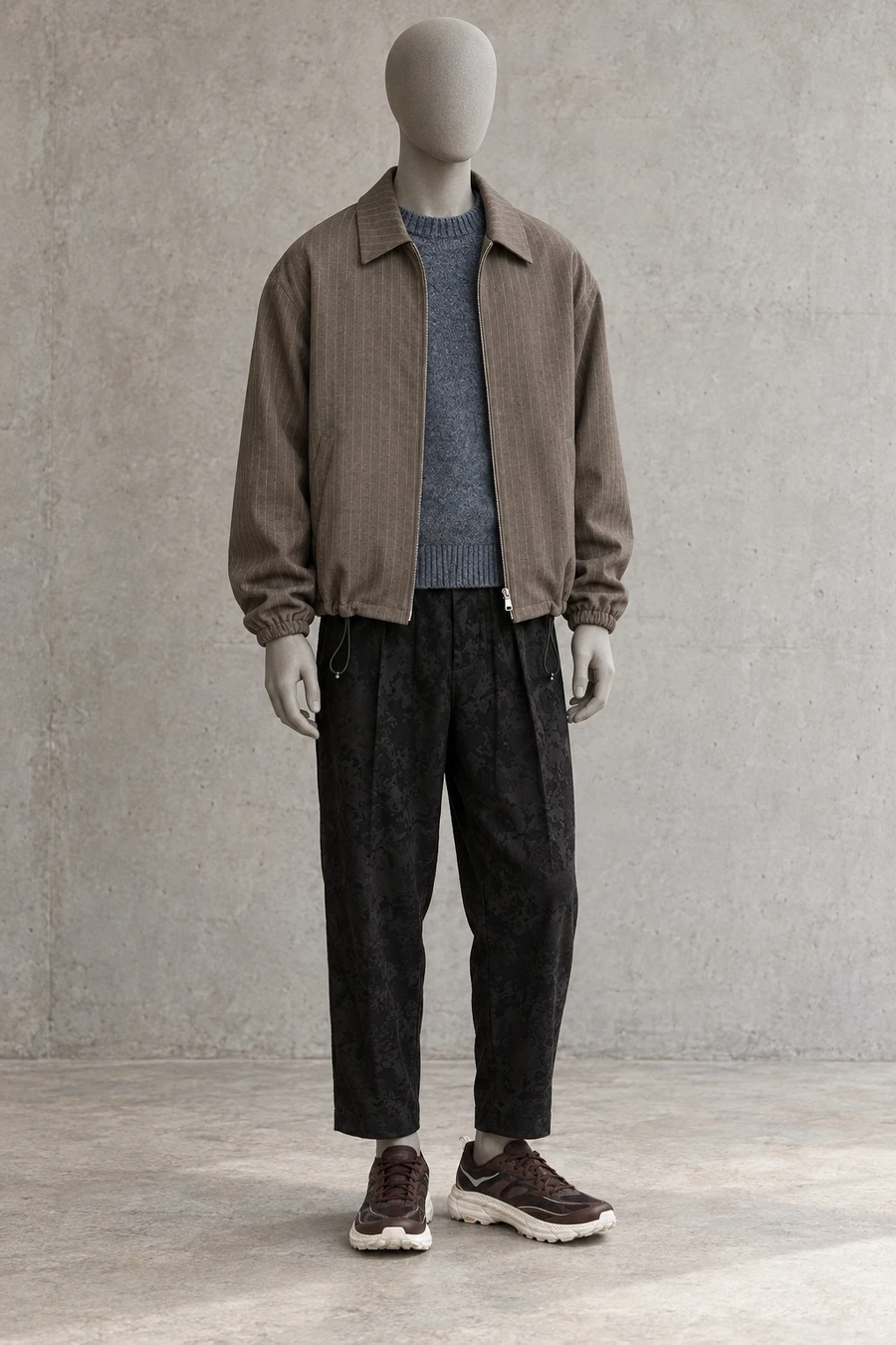 A faceless grey mannequin wears a taupe coach jacket, grey sweater and cropped black trousers with brown running shoes.