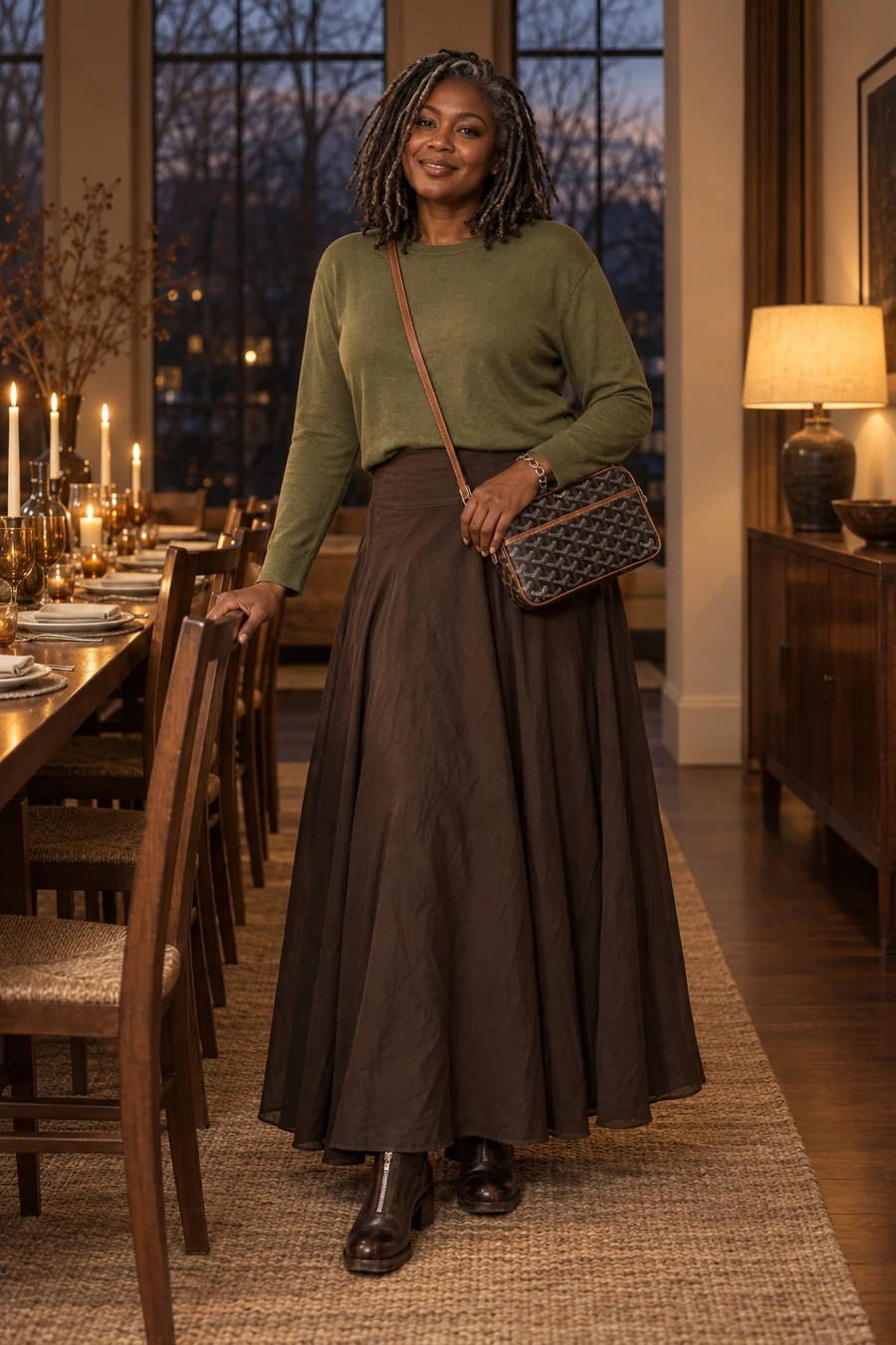 An African American woman in an olive knit, an oak brown RUOHAN maxi skirt and a brown Goyard crossbody stands at a table set for Thanksgiving dinner.