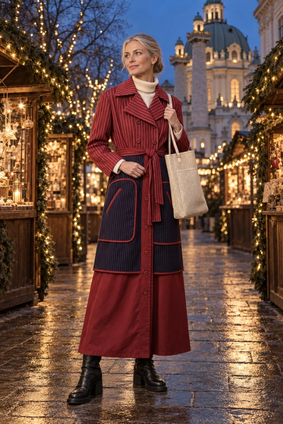 An Austrian woman in a belted red and navy Sies Marjan pinstripe coat, with an ivory roll neck and a pale gold Dior tote, stands at a Christmas market in Vienna at dusk.