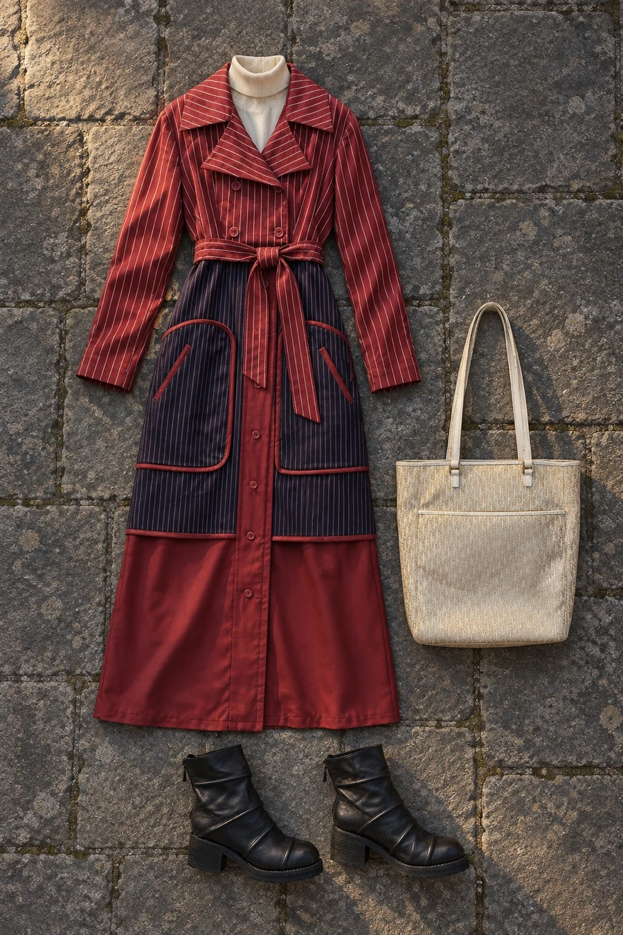 The Christmas market in Vienna. Flat lay of a Sies Marjan coat, an ivory RUOHAN top, black Guidi boots and a pale gold Dior tote.