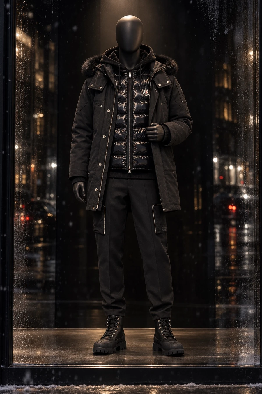 A faceless black mannequin wears a Moose Knuckles shearling parka over a Moncler vest and a Y-3 velvet hoodie, with Undercover cargos and Stutterheim boots, in a night window.