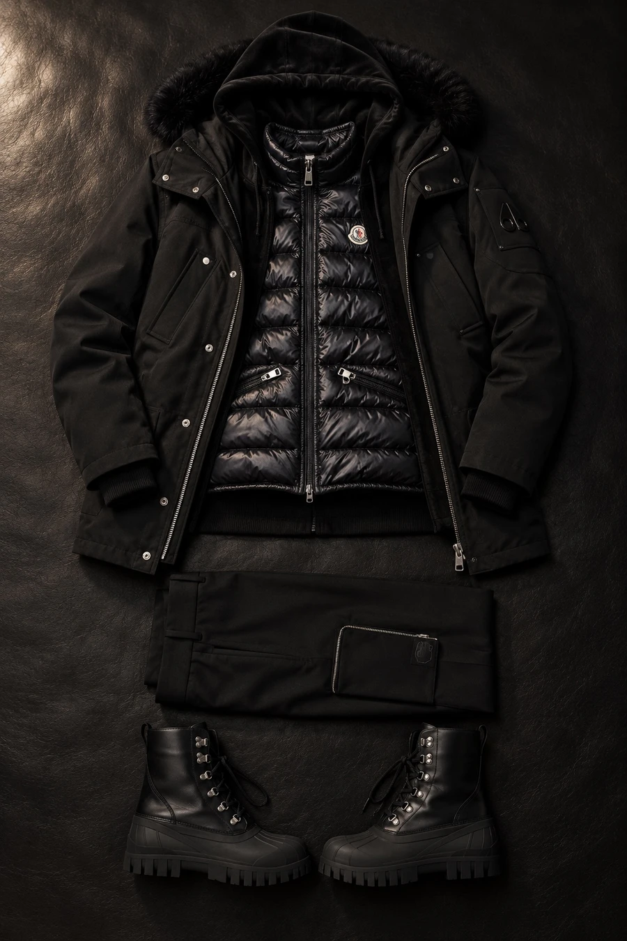Three layers of black for January. Flat lay of a black Moose Knuckles parka, a black Moncler vest and a black Y-3 zip hoodie.