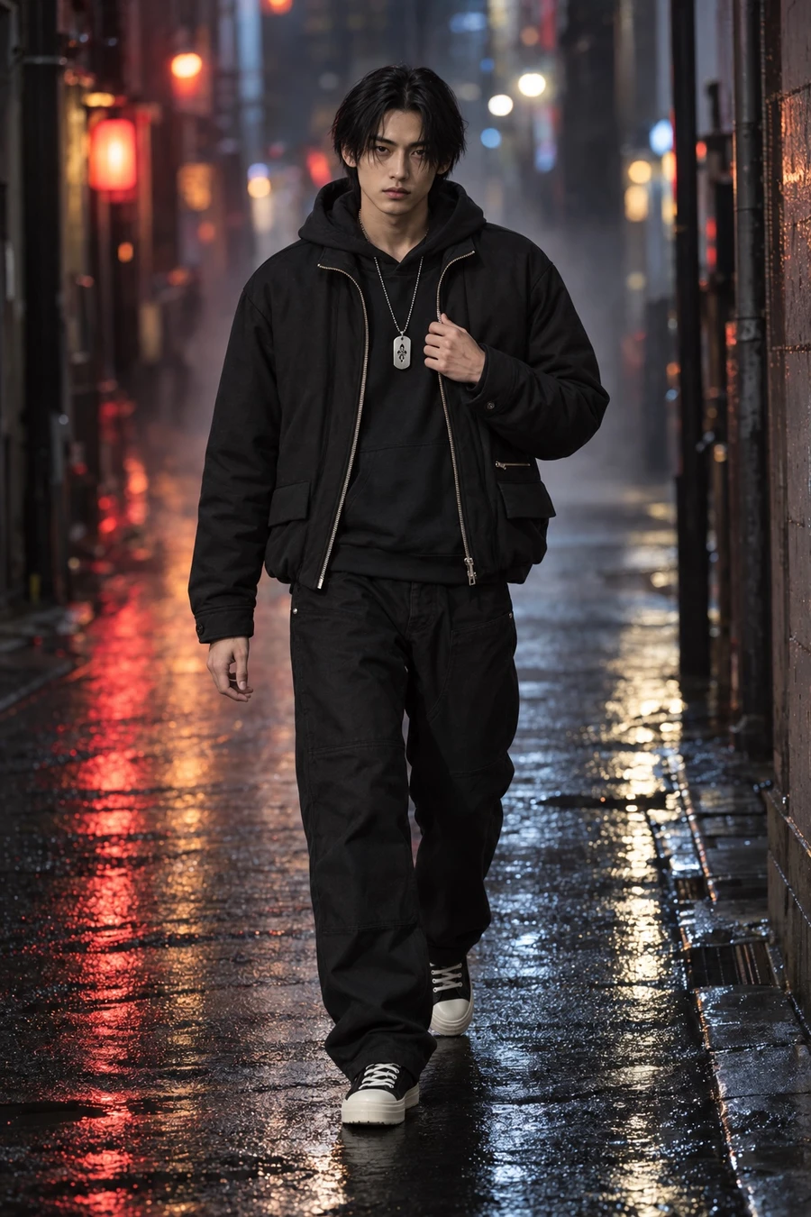 A Japanese man in a black Undercover padded jacket, a Chrome Hearts hoodie and dog tag, carpenter pants and Rick Owens sneakers walks down a wet Shibuya street at night.