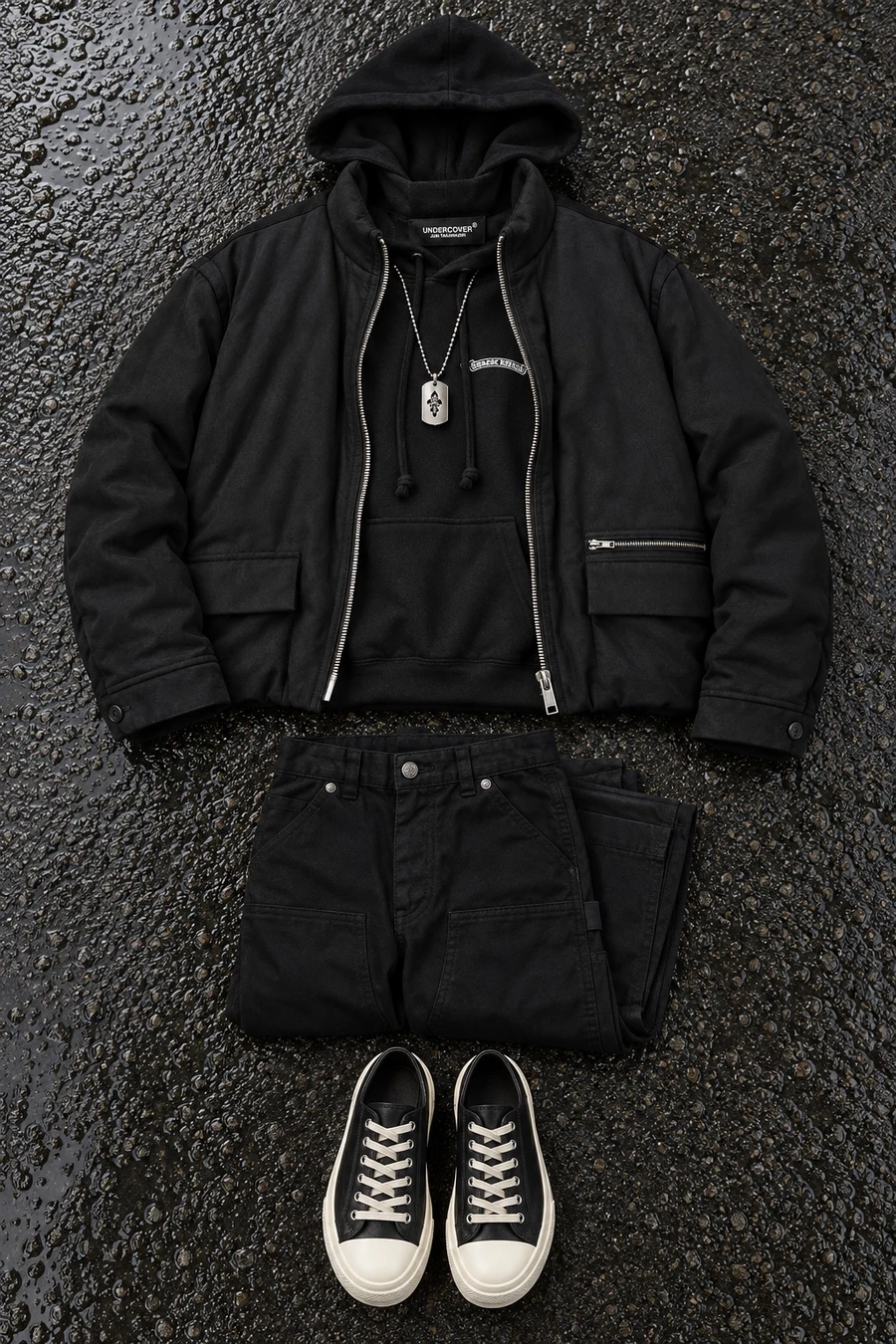 Tokyo at night in December. Flat lay of a black Undercover jacket, a black Chrome Hearts hoodie and black trousers.