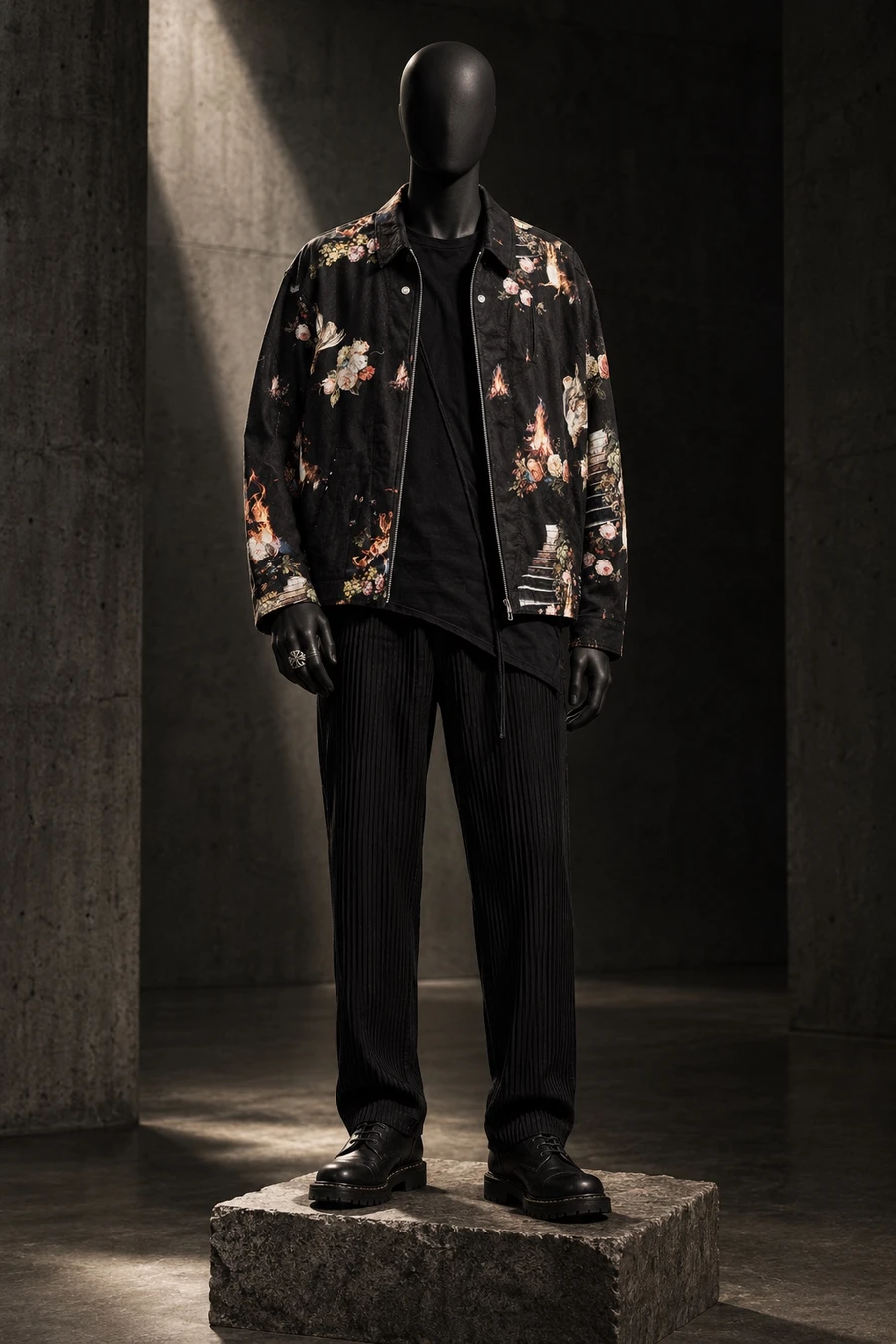 A faceless black mannequin wears an Undercover rose print blouson, a Masnada long sleeve, Homme Plissé pleated trousers, Guidi derbies and a Chrome Hearts ring on a gallery plinth.