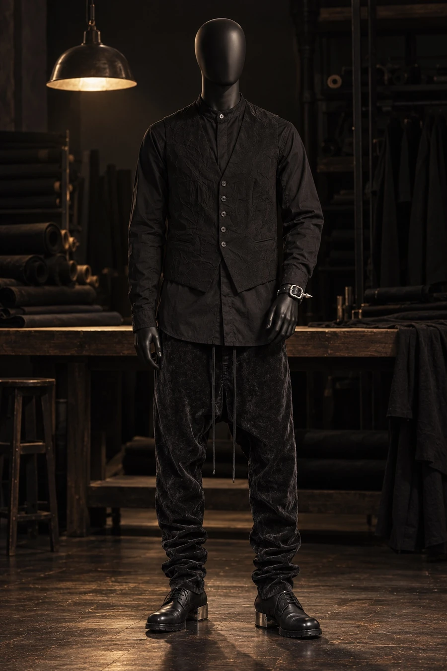 A faceless black mannequin wears a long thom/krom shirt, a Masnada waistcoat, velvet trousers and Guidi metal heel lace ups in a dark workroom.