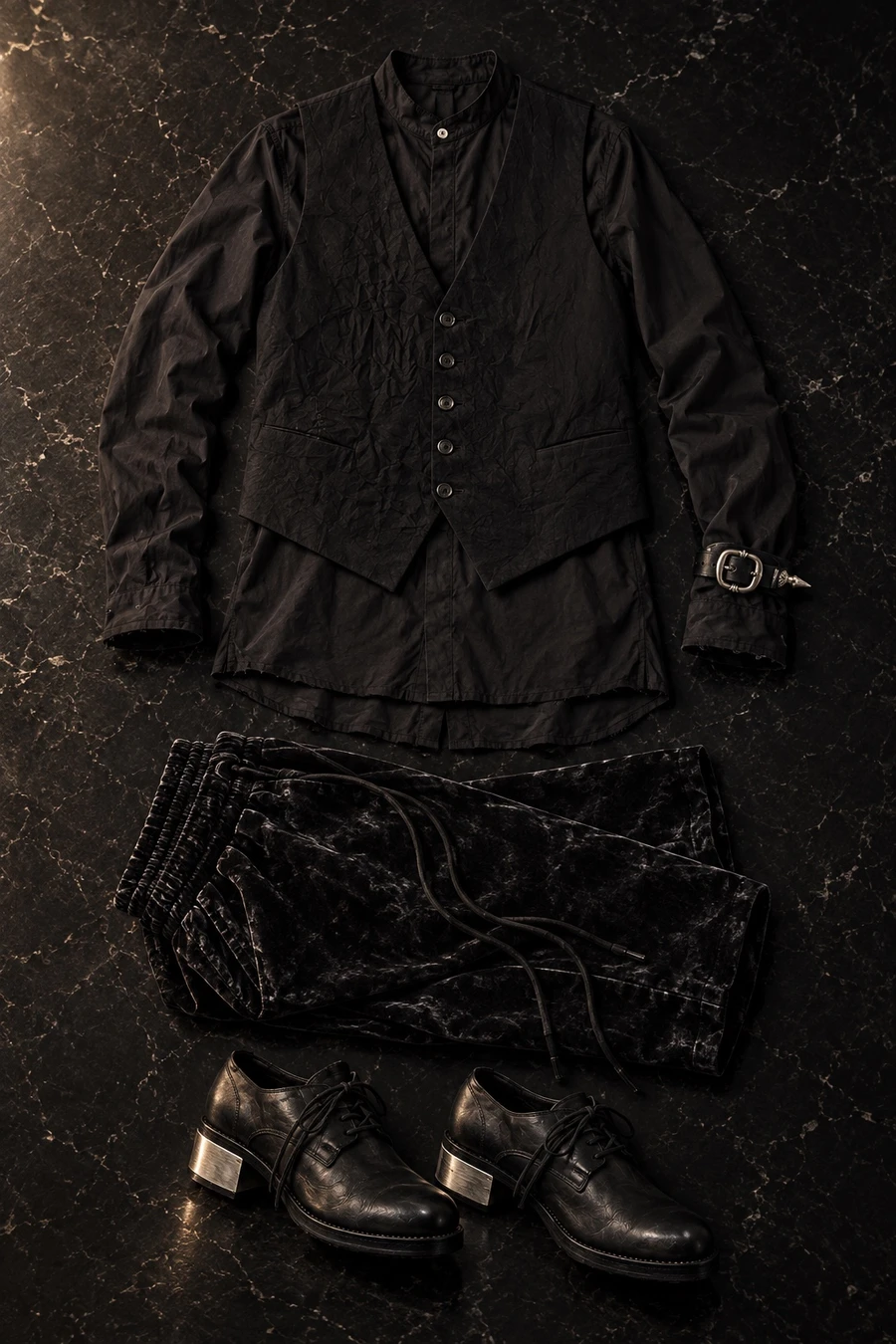 Velvet and a metal heel. Flat lay of a black thom/krom shirt, a black Masnada vest, black trousers and black Guidi loafers.