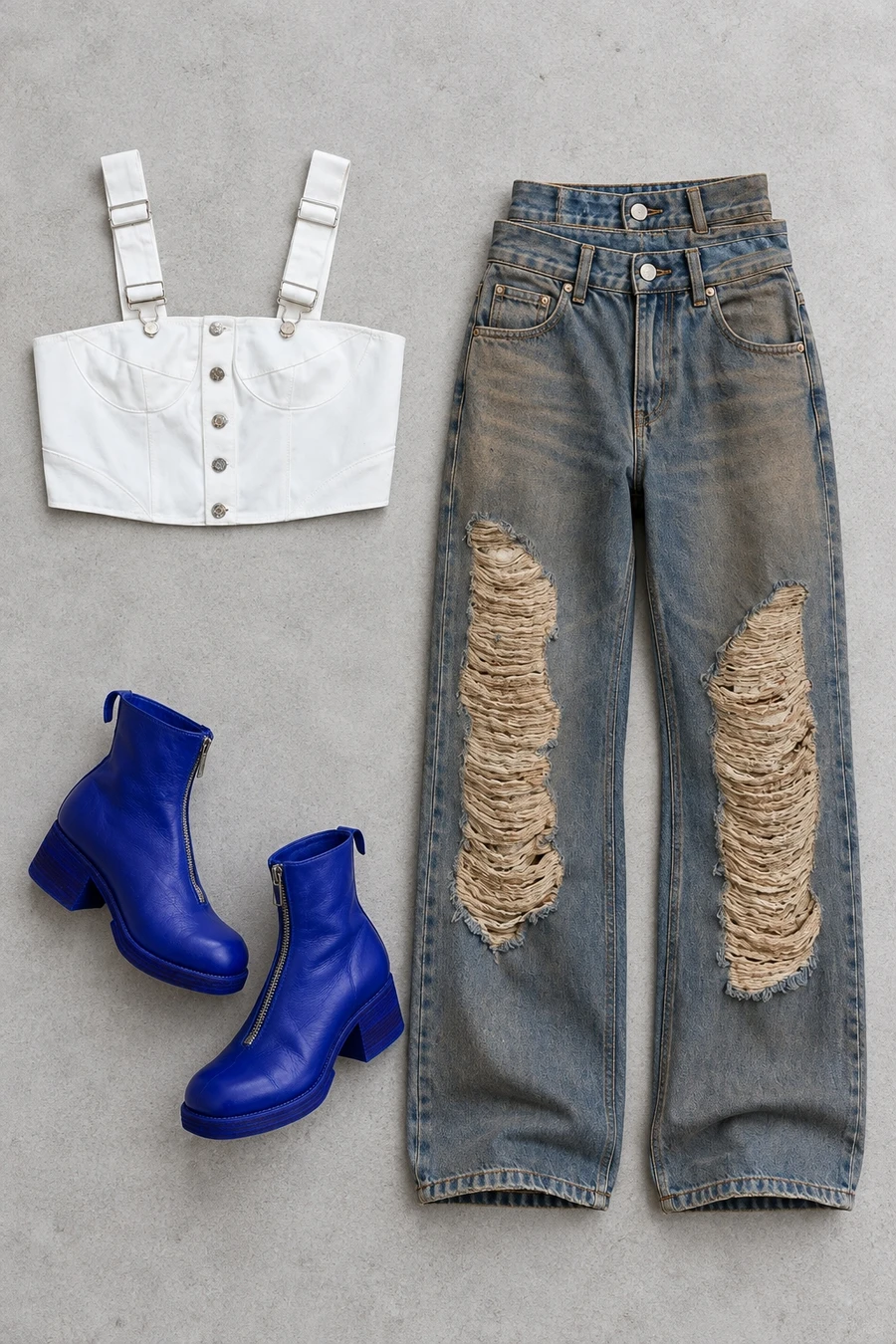 A white LEJE crop top and Andersson Bell jeans with a double waist, worn with cobalt Guidi boots.