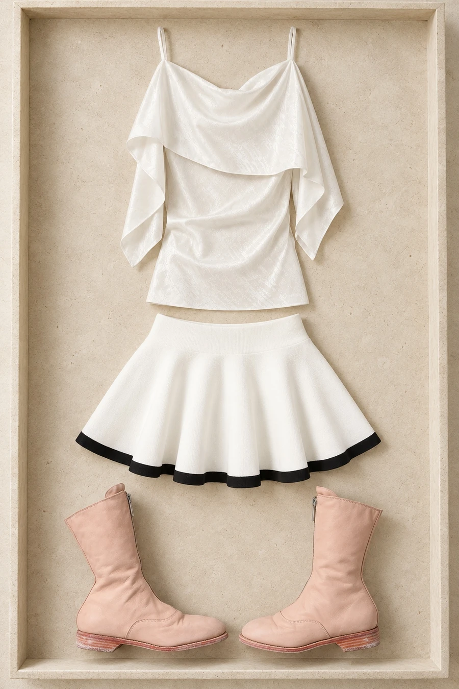 A white MM6 jacquard top, Nina Ricci skirt with a black hem and blush Guidi boots.