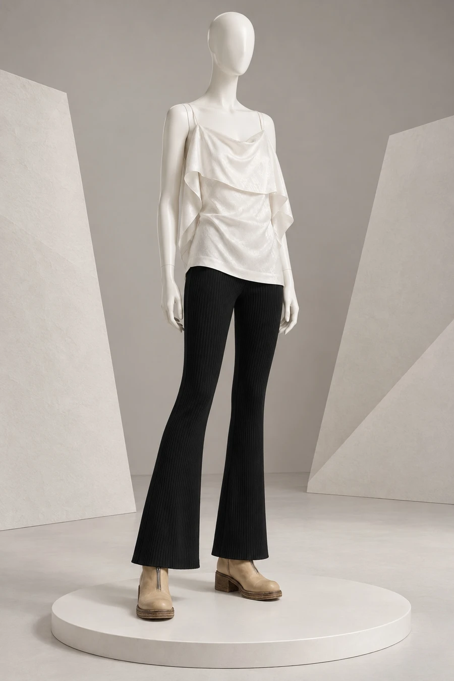 White folded MM6 camisole and black ribbed flared trousers with beige boots on a porcelain mannequin.