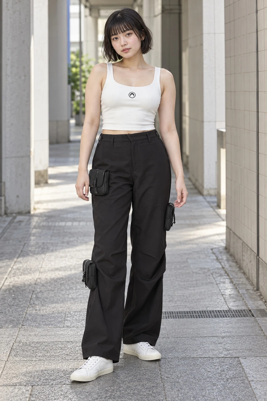 An adult woman wears a white Marine Serre tank, black Coperni cargos and white Veja trainers in Tokyo.