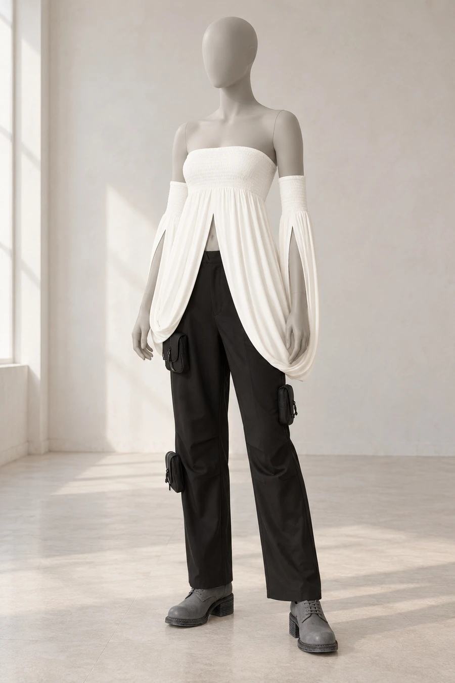 A faceless display mannequin in a New York showroom. A white Coperni smock top drapes over black cargo trousers and grey Guidi derbies.