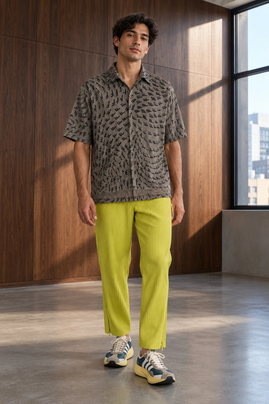 An adult man wears wind map pleats and citrine by a king street window in Toronto.